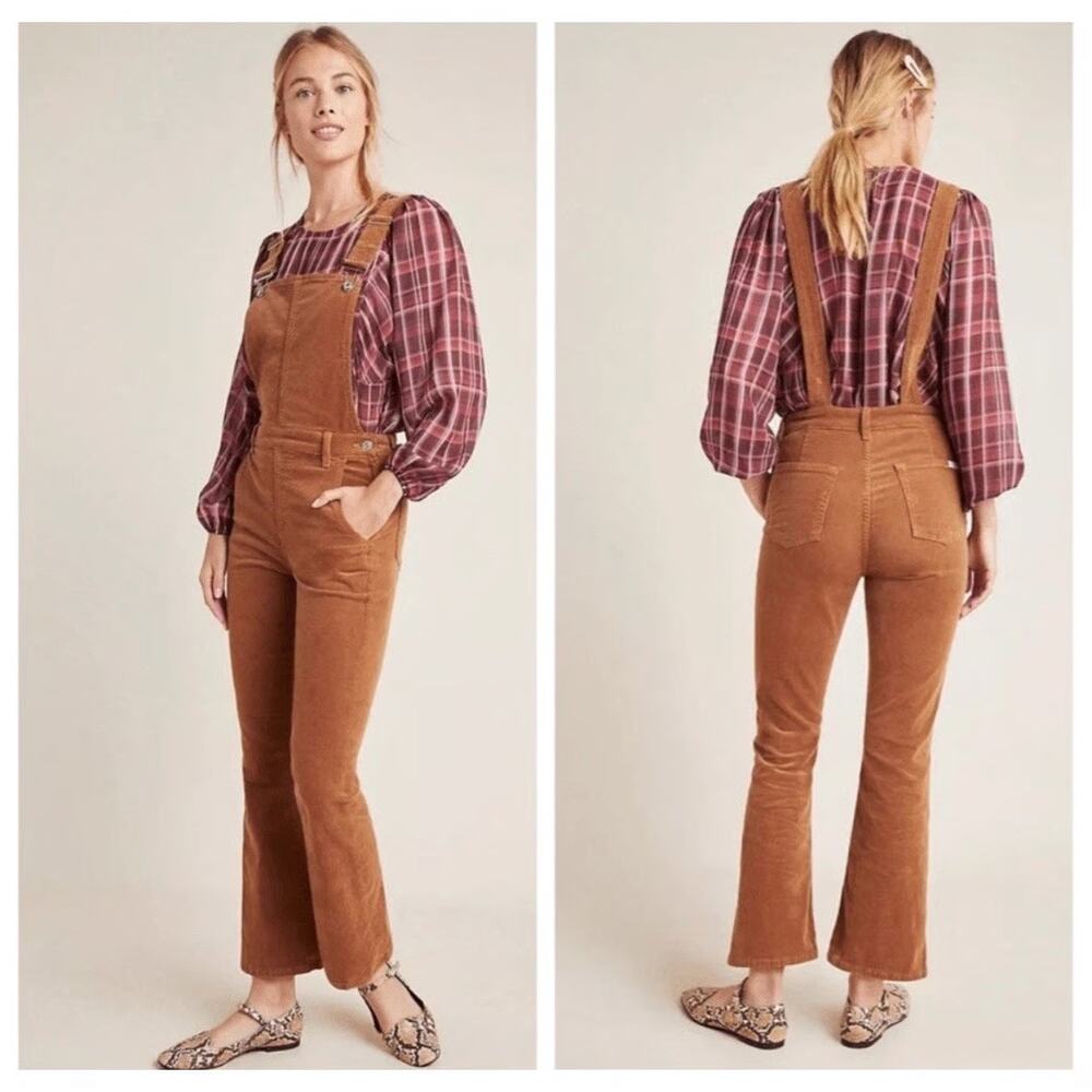 7 For All Mankind Corduroy Slim Kick Overalls Brown‎ Designer Stretch Fit XS